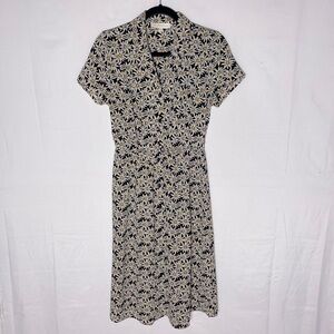 Monteau White Black Floral Daisy Print Button Front Collared Knee Length Dress M